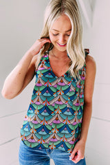 Blue Printed Knotted Shoulder Tank Top