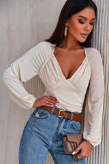 Beige Ruched Deep V Neck Long Sleeve Bodysuit