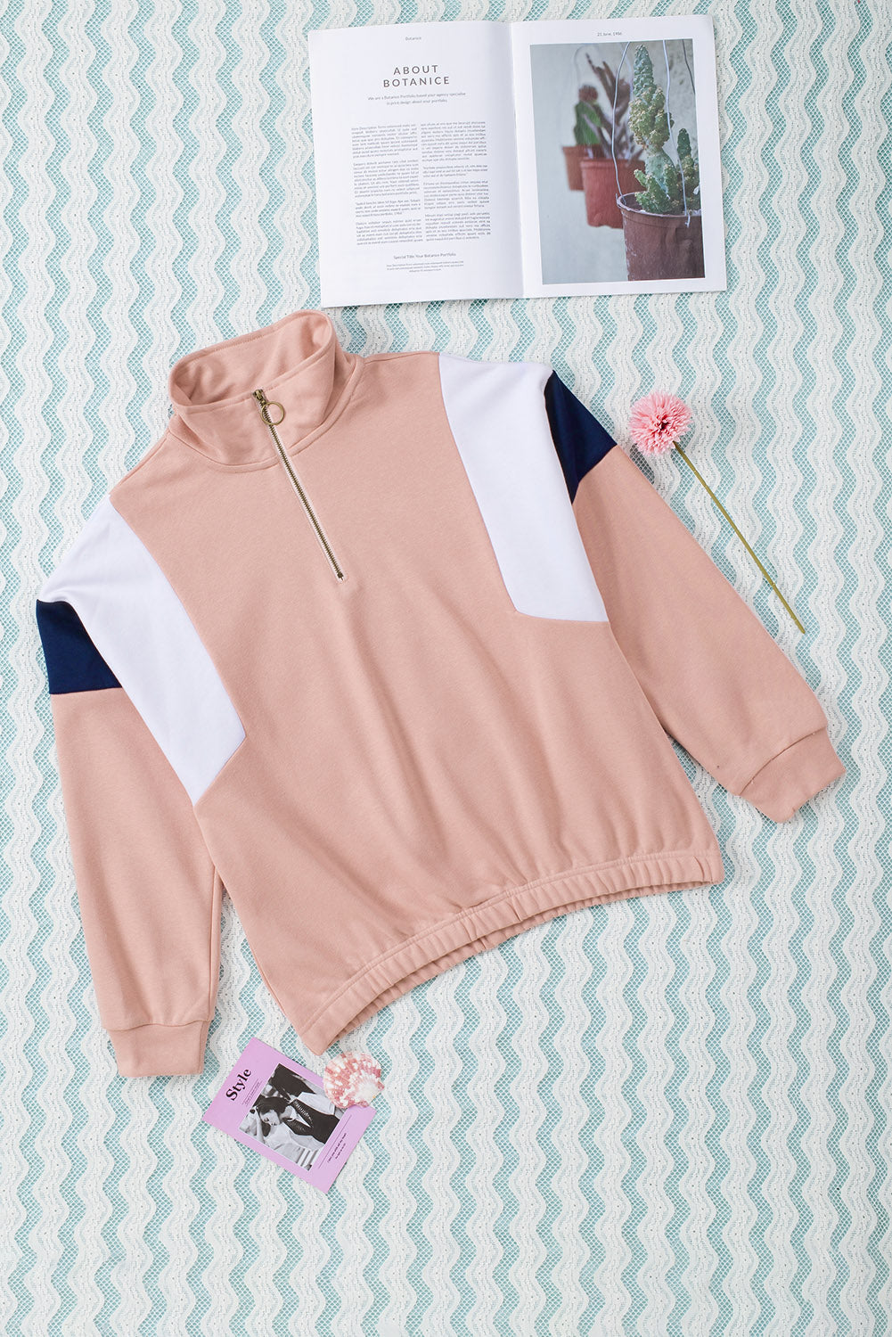 Pink Color Block Patch Bicep Quarter Zip Sweatshirt