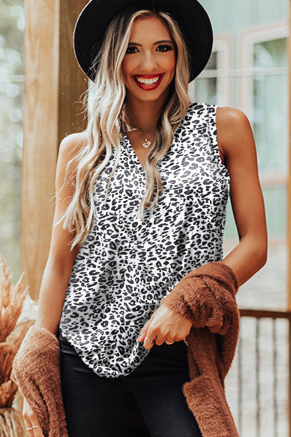 White Leopard  V Neck Tank Top