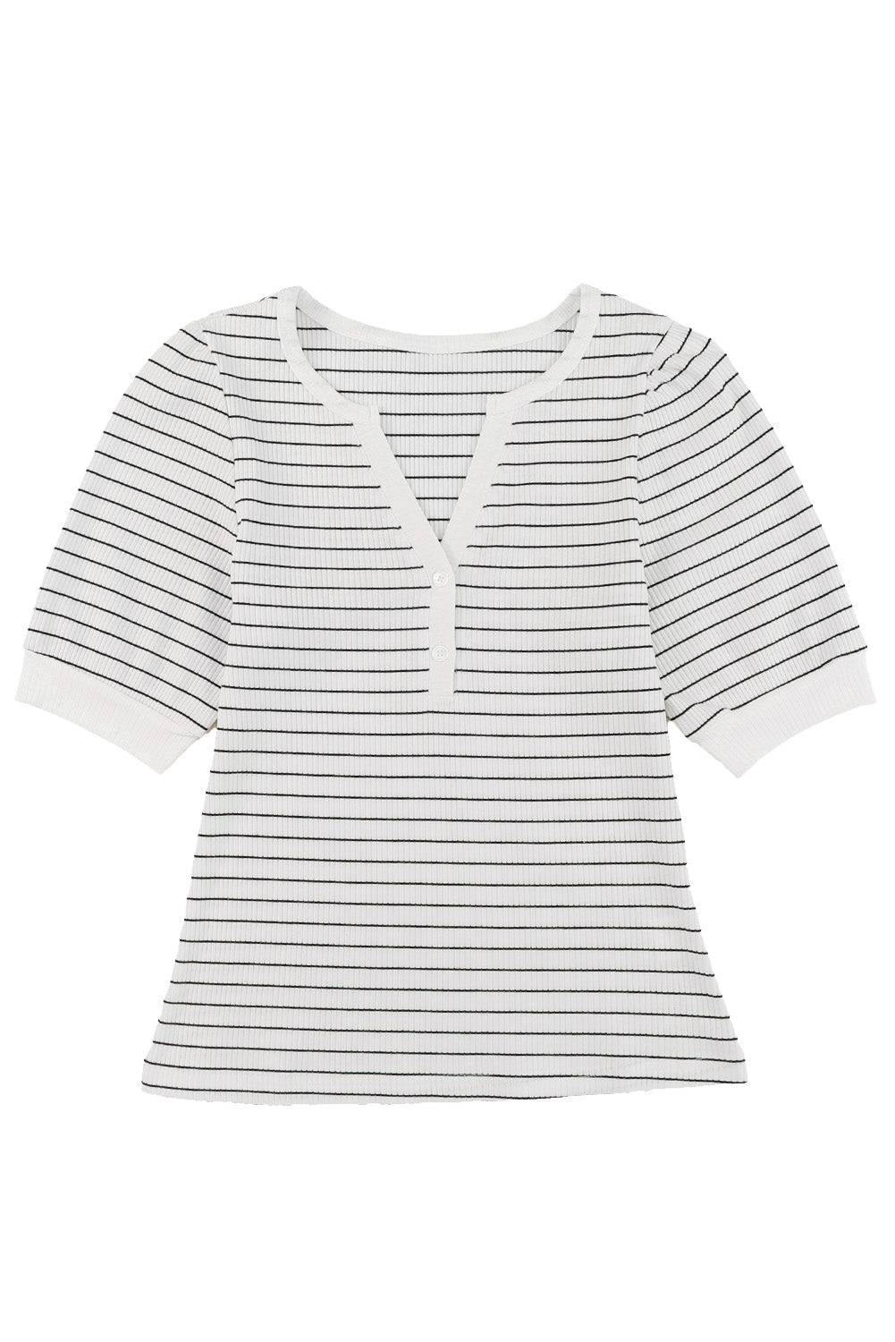 White Striped Print Notch V Neck Short Sleeve Top