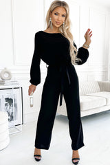 Black Boat Neck Bubble Sleeve Straight Legs Jumpsuit with Belt Tie