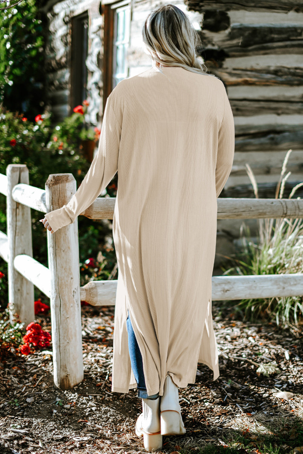 Beige Plus Size Ribbed Long Open Front Cardigan