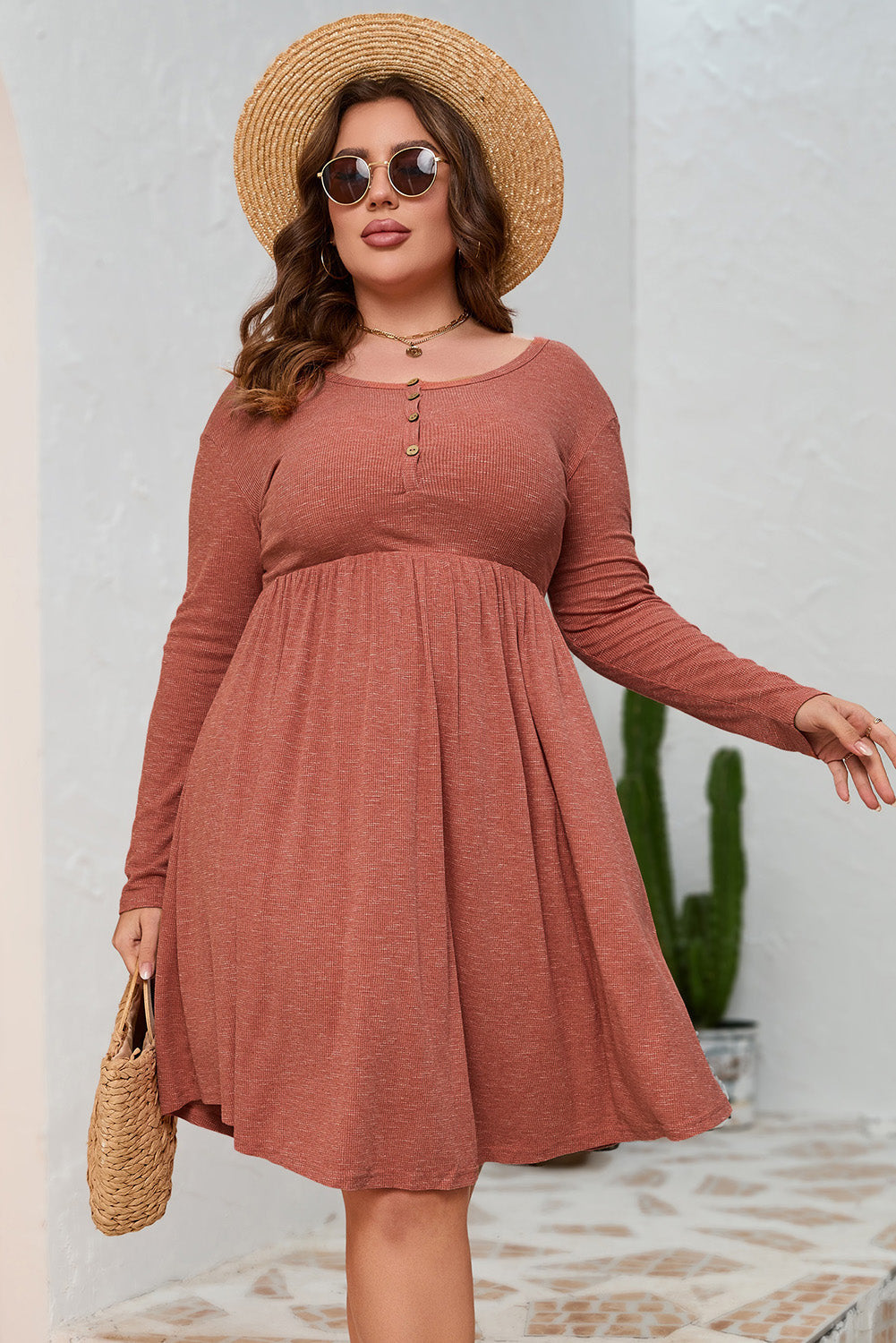 Red Plus Size Mineral Washed Ribbed Henley Dress