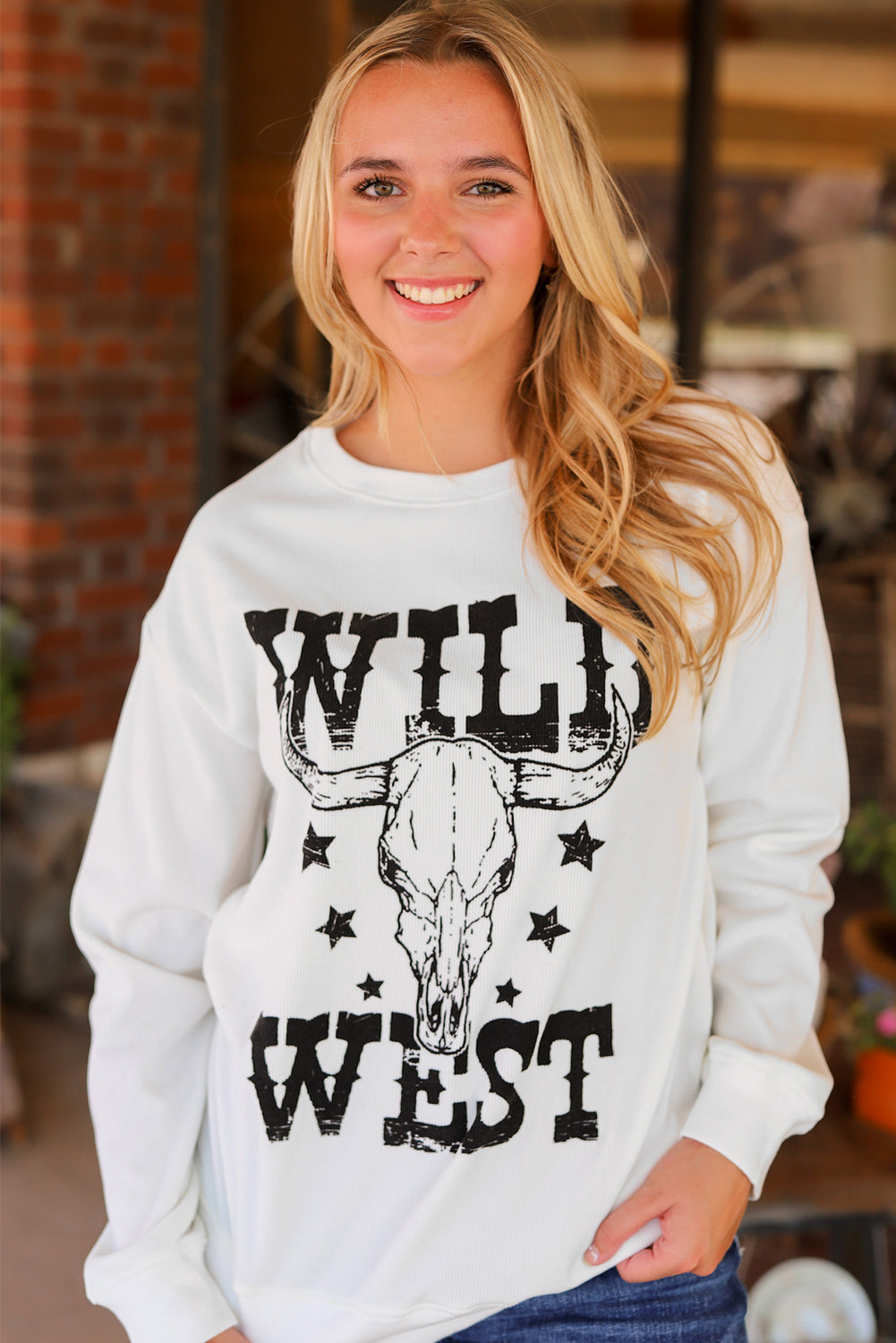 White WILD WEST Steer Skull Graphic Ribbed Sweatshirt