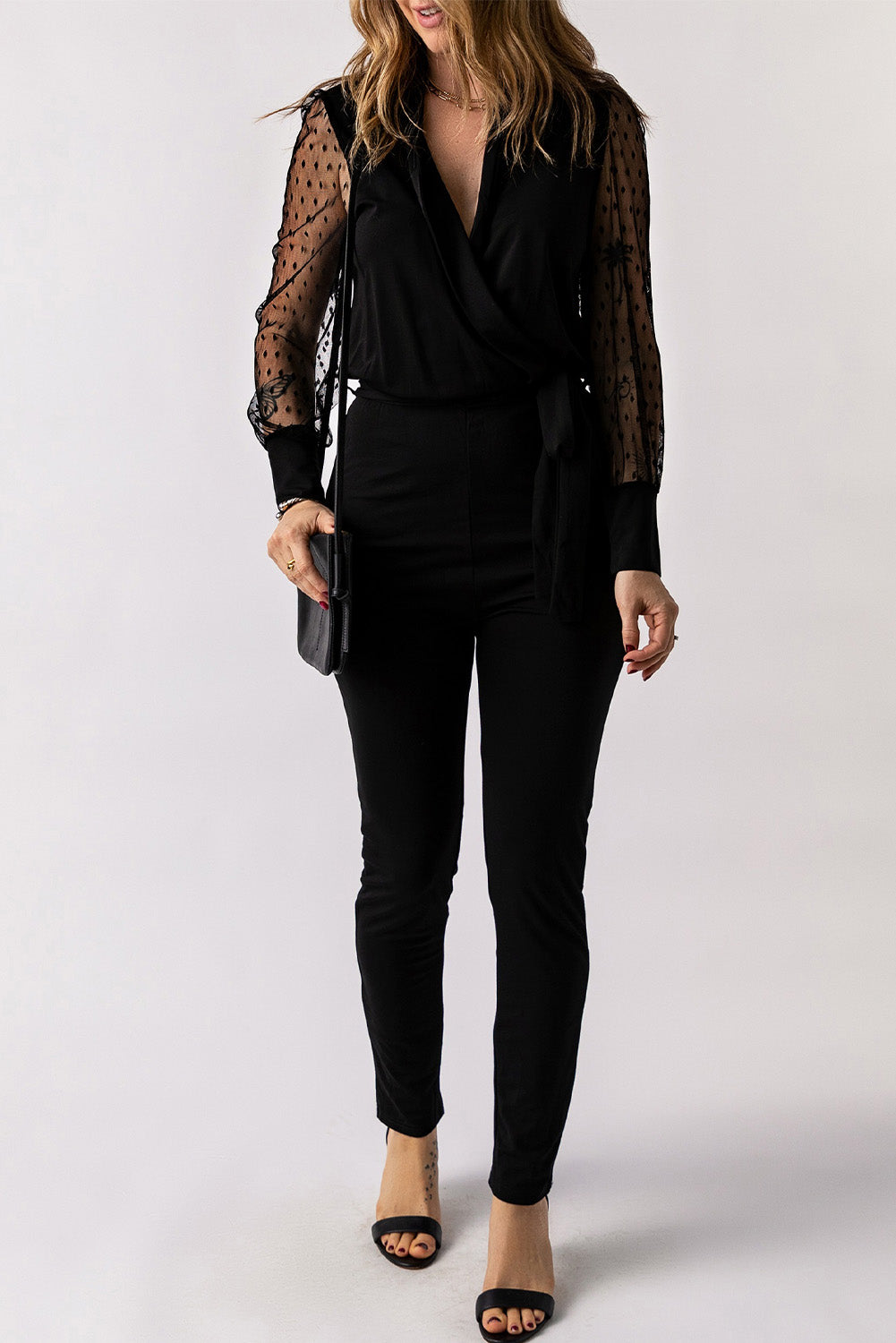 Black Mesh Contrast V Neck Wrap Long Sleeve Jumpsuit