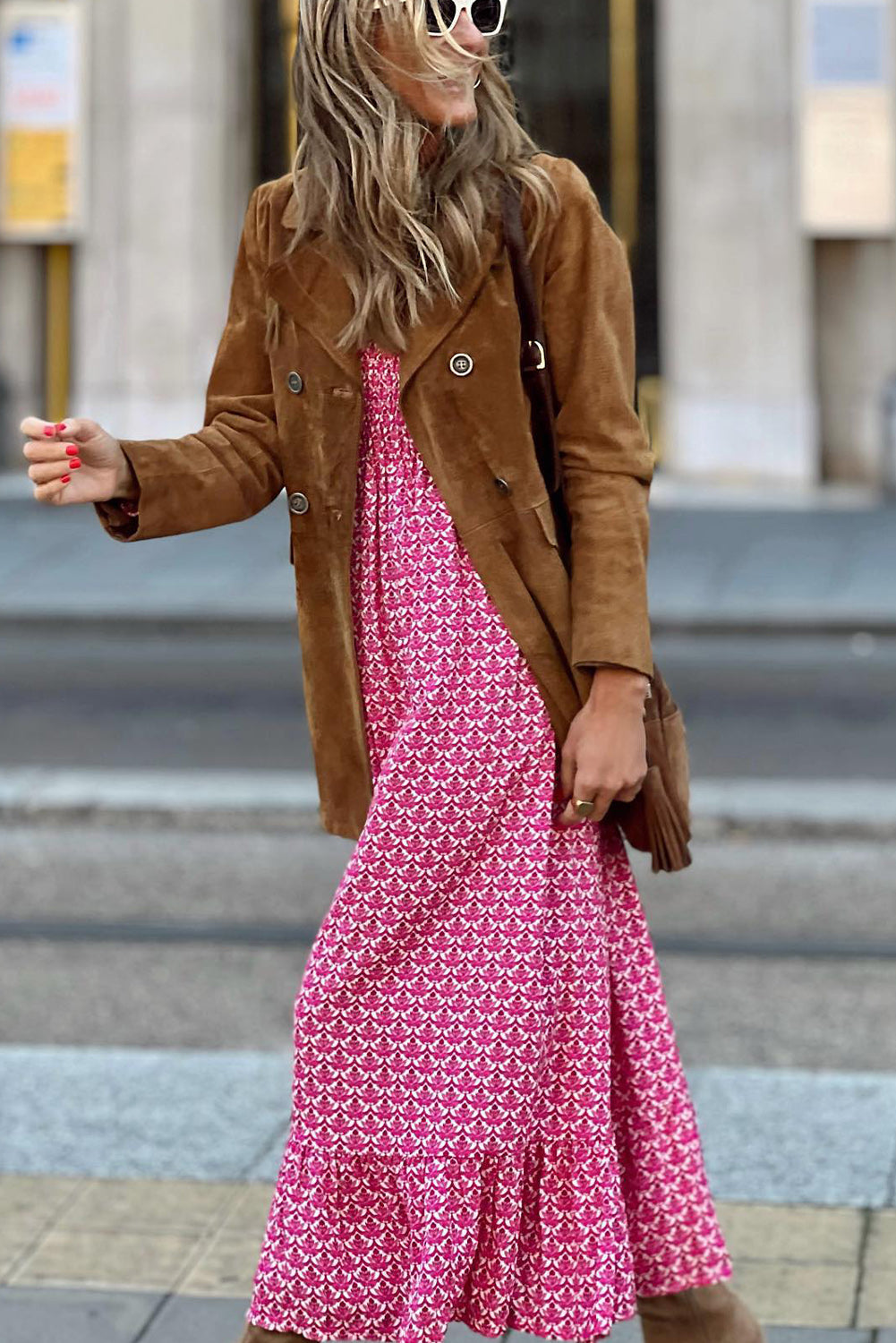 Rose Printed Ruffled Hem Long Dress