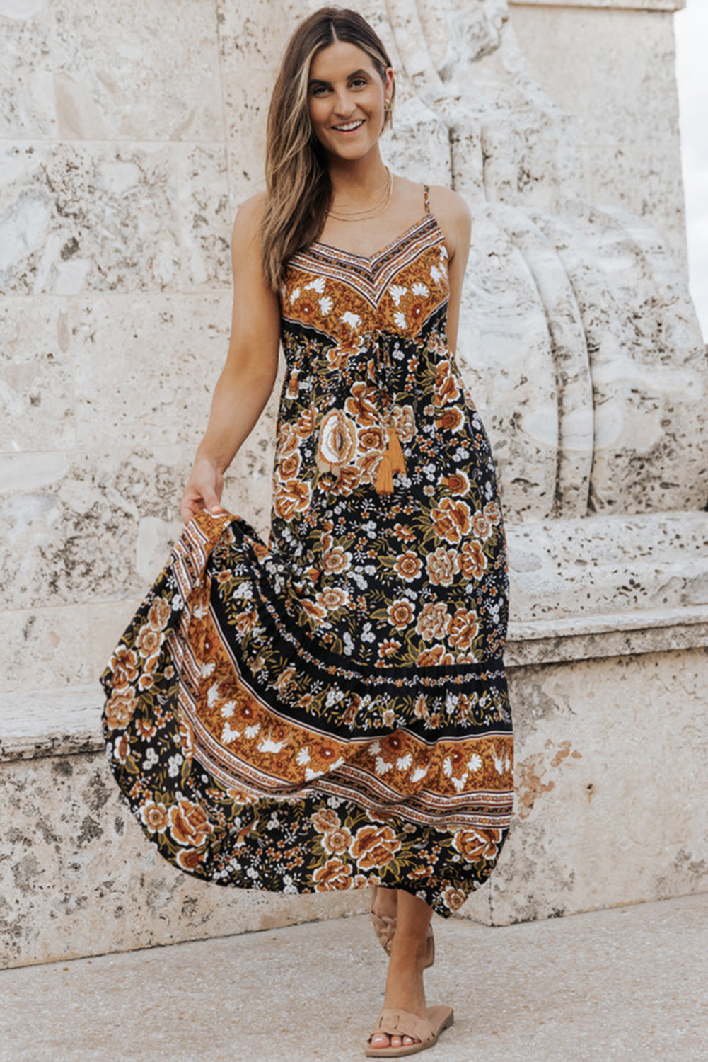 Black Retro Boho Floral Tassel Tie Maxi Dress