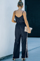 Black Leopard Patchwork Spaghetti Strap Wide Leg Jumpsuit