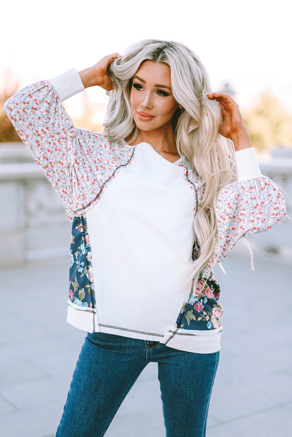 Multicolor Floral Print Patchwork Long Sleeve Top