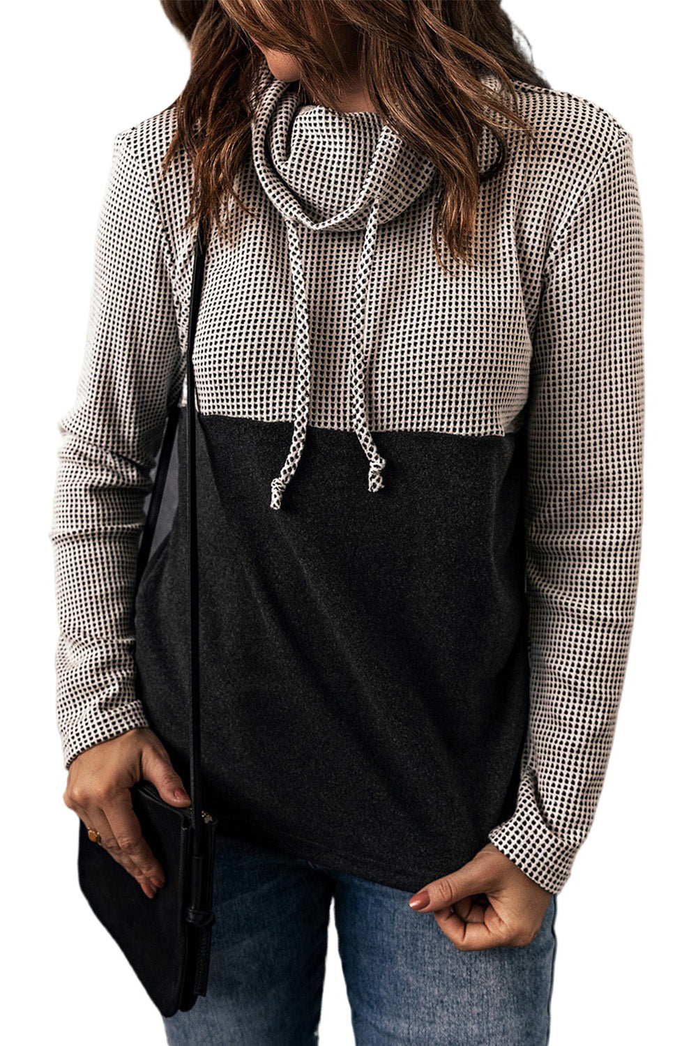 Gray Drawstring Cowl Neck Color Block Sweatshirt