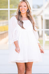 White Gingham Square Neck Puff Sleeve Plus Size Dress