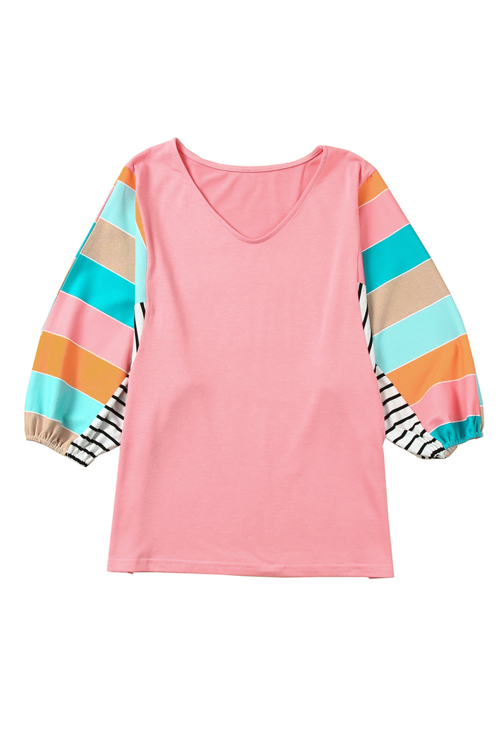 Rose Stripe Color Block Bubble Sleeve Top