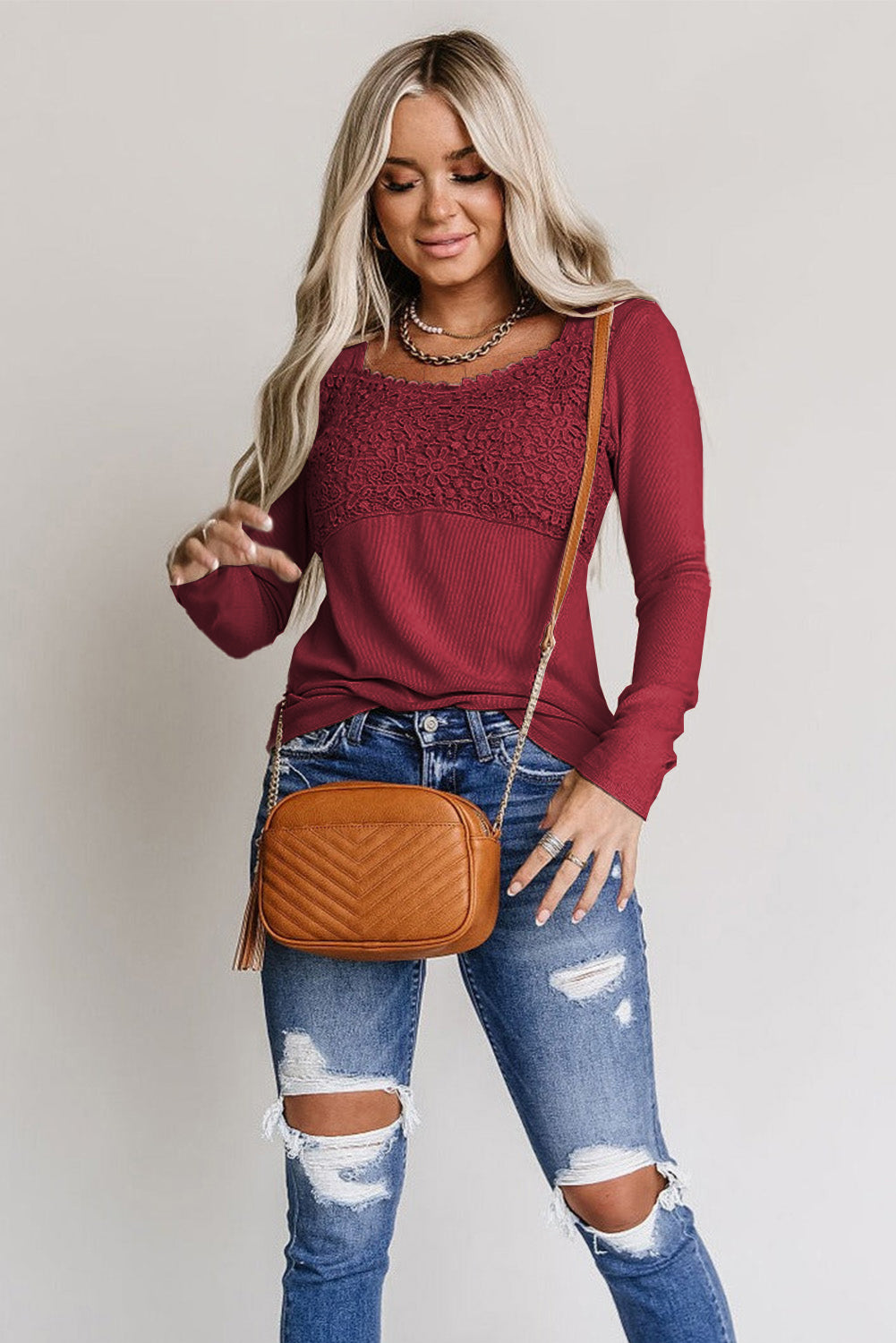 Red Lace Crochet V Neck Long Sleeve Top