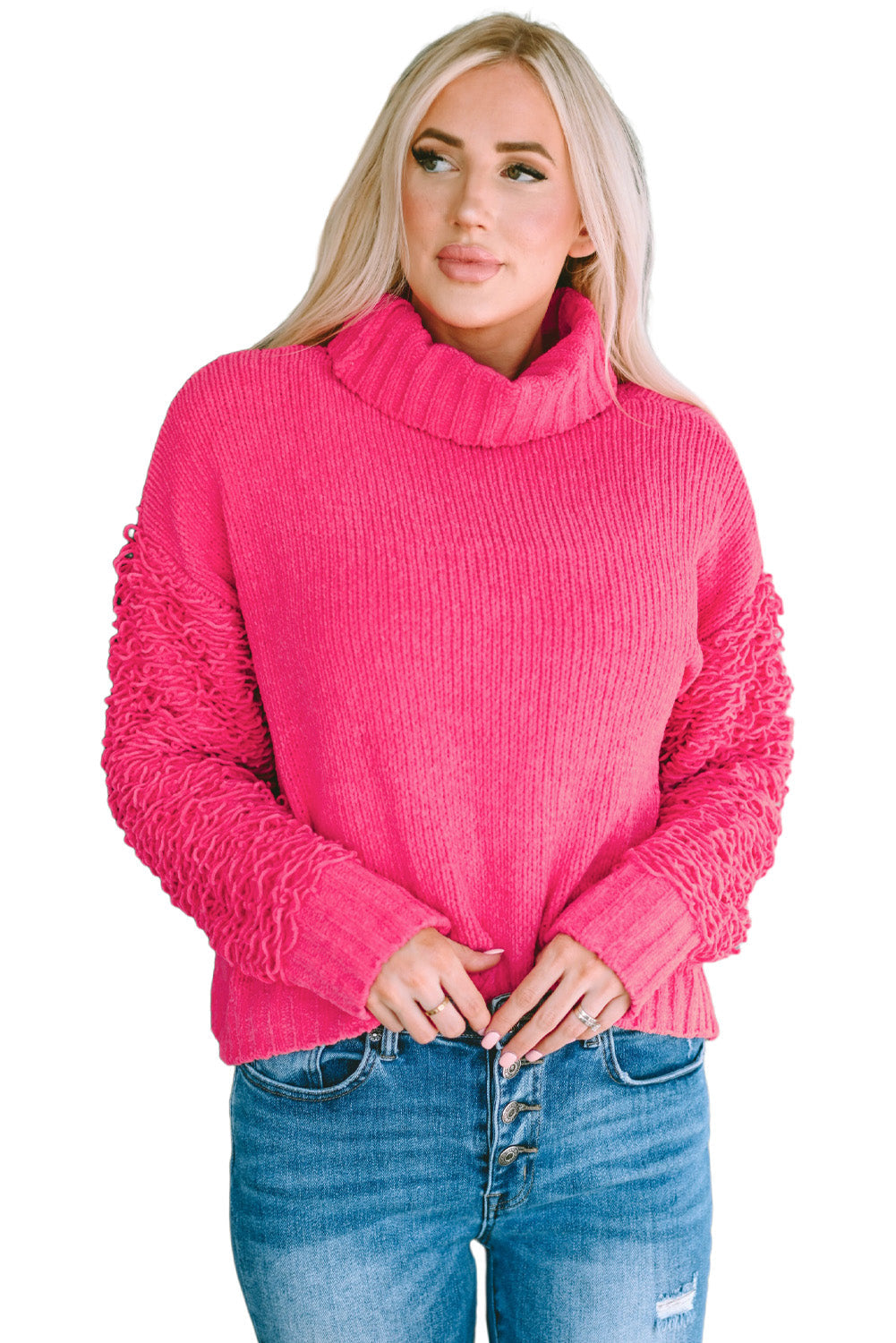 Pink Ribbed Turtleneck Fuzzy Sleeve Knit Sweater