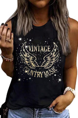 Black Vintage Country Music Wing Glitter Print Tank Top