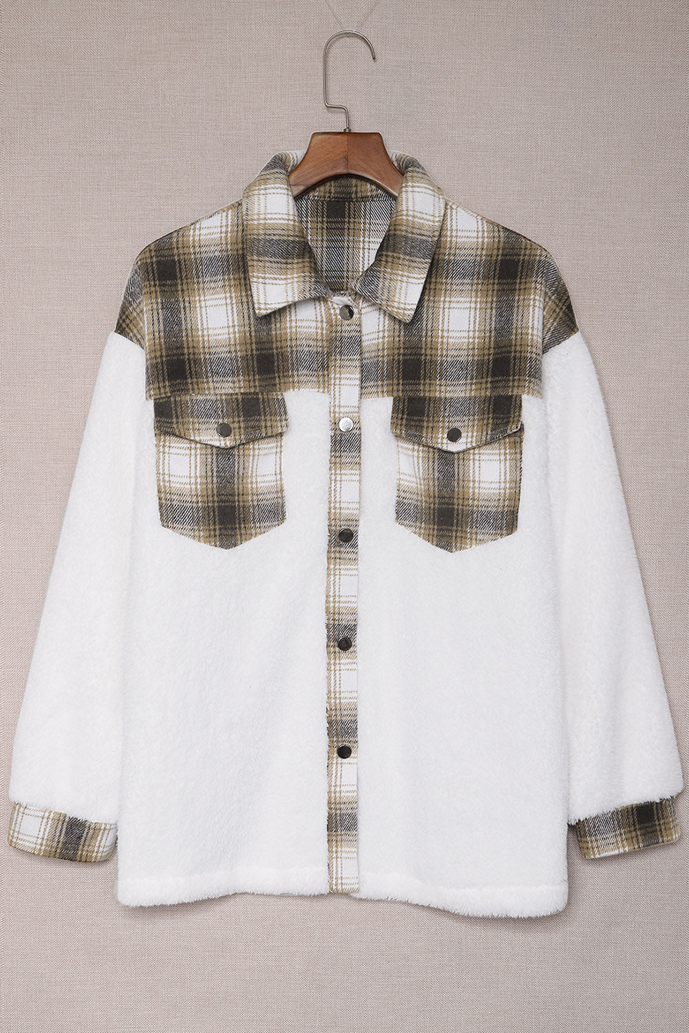 Gray Plaid Patchwork Buttoned Pocket Sherpa Jacket