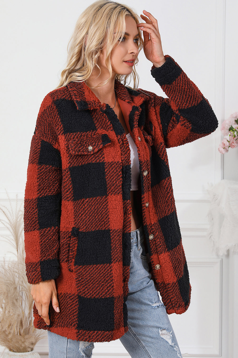 Brown Fuzzy Plaid Flap Button Up Midi Coat