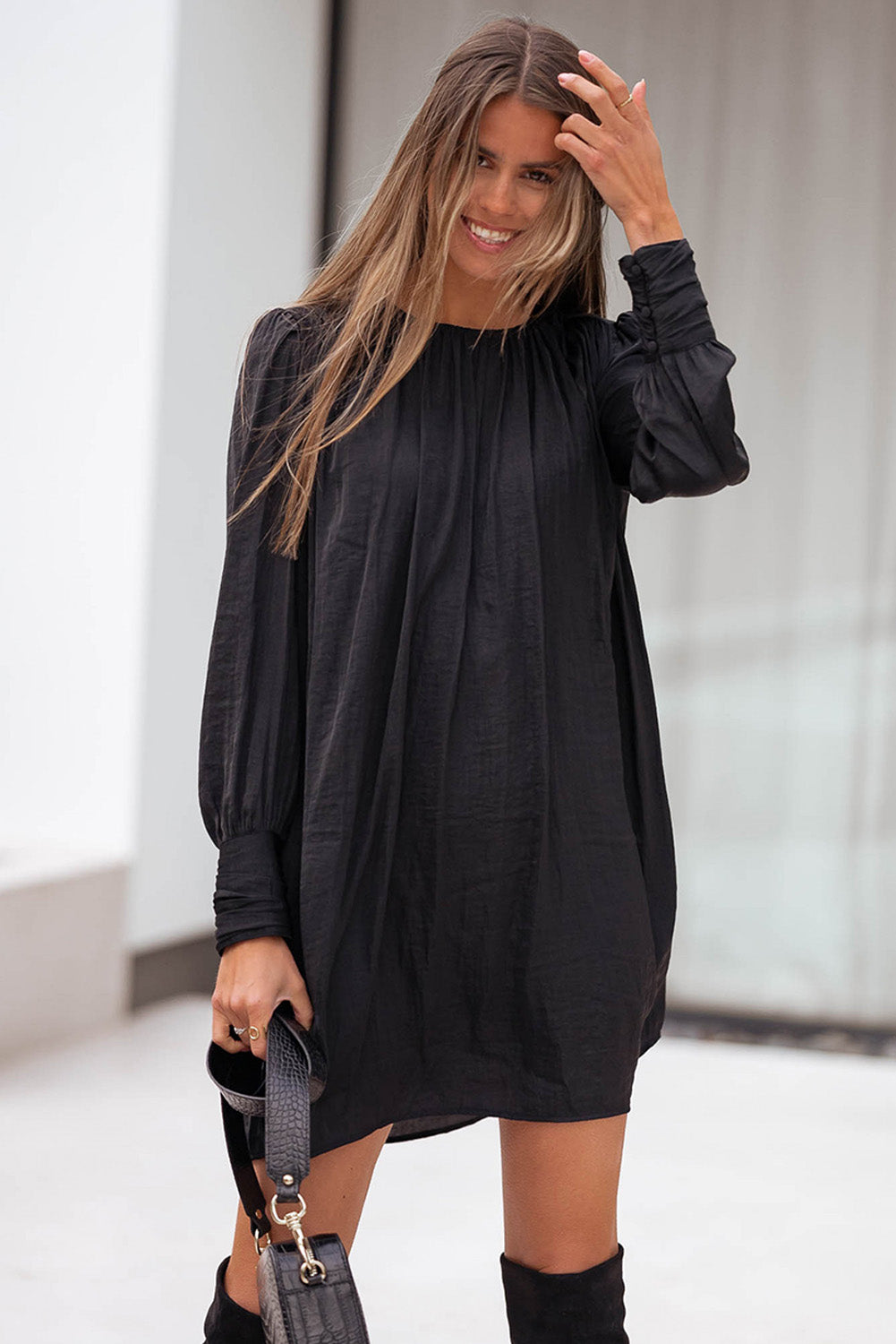 Black Solid Bishop Sleeve Pleated Mini Dress