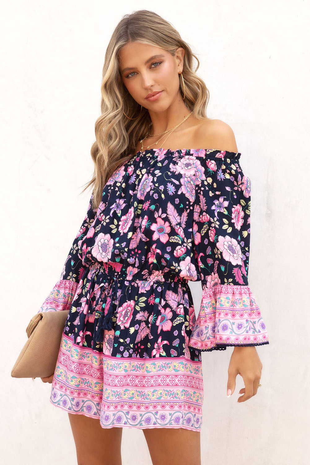 Blue Floral Patchwork High Waist Off Shoulder Romper