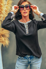 Black Contrast Neckline Ribbed Knit Henley Top