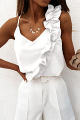 White Frilled Patchwork Spaghetti Strap V Neck Tank Top