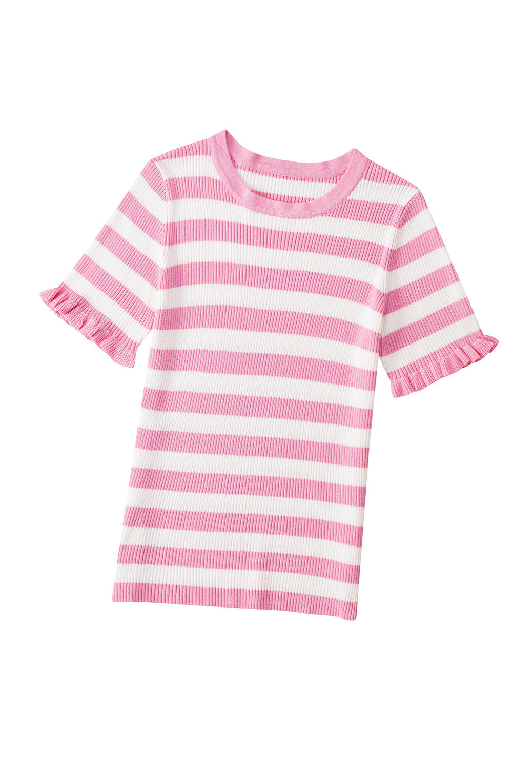 Pink Striped Ruffled Short Sleeve O-neck Knit Sweater Top