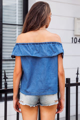 Sky Blue Off-the-shoulder Ruffled Denim Top