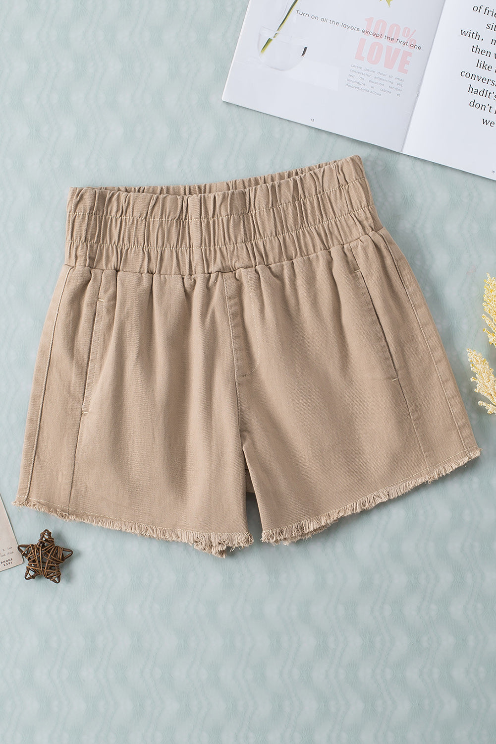 Khaki Smocked Elastic High Waist Casual Shorts