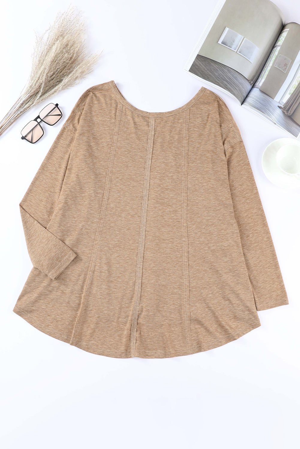 Brown Seamed Loose Fit V Neck Long Sleeve Top