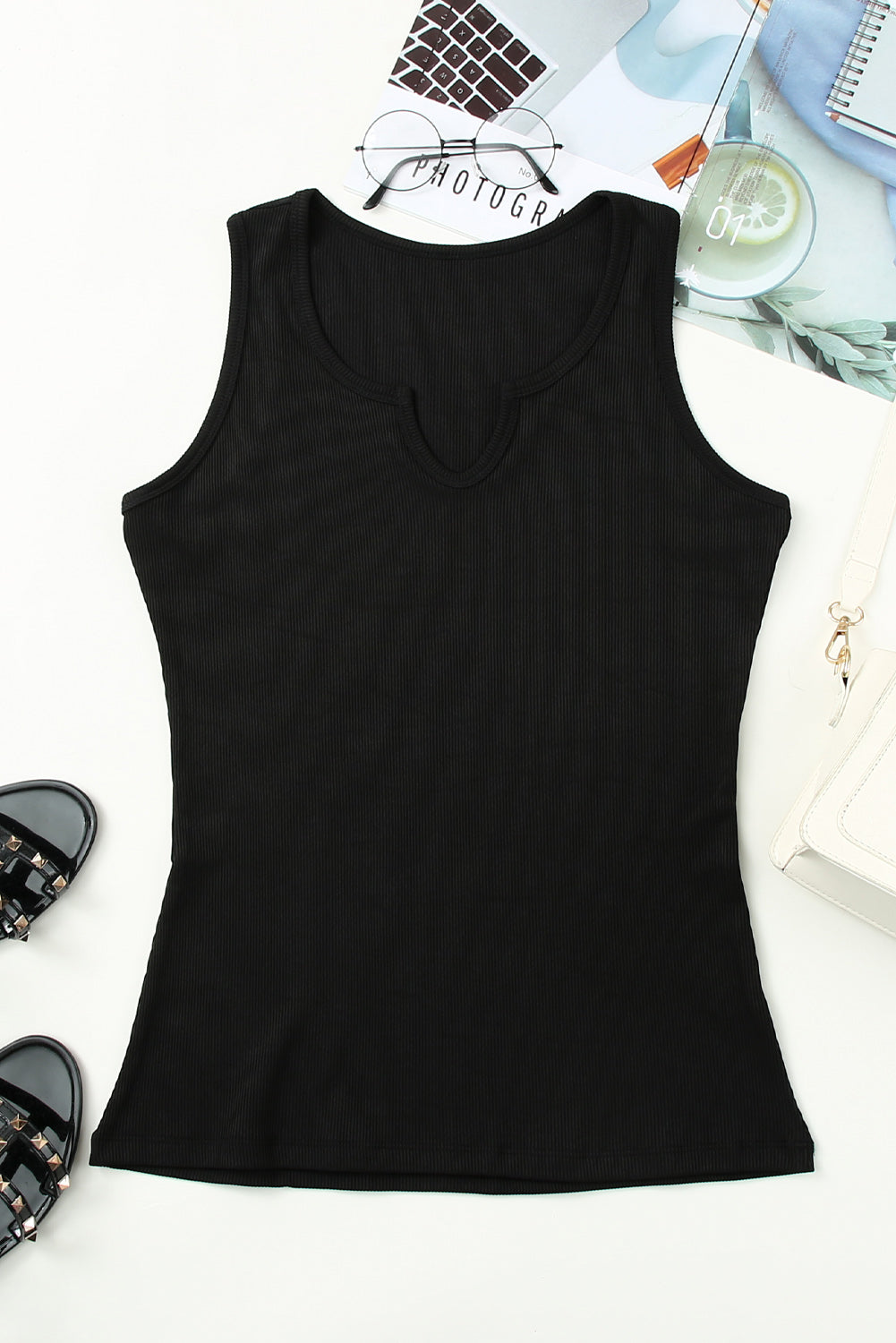 Rose Split Neck Ribbed Knit Tank Top