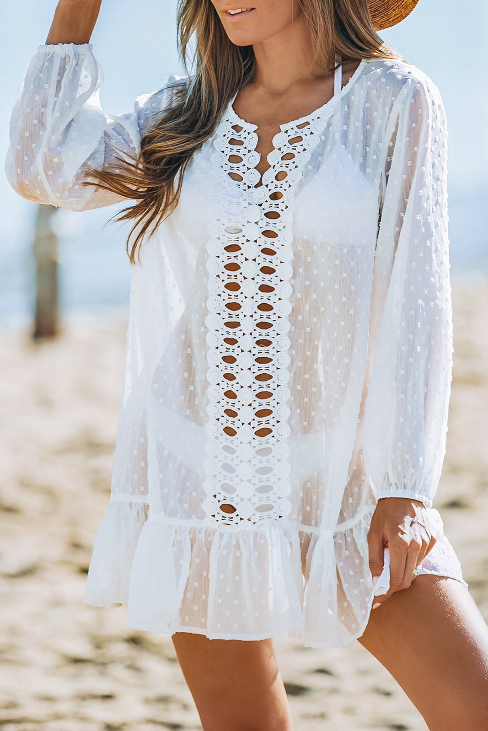 White Swiss Dot Crochet Long Sleeve Beach Cover Up