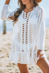 White Swiss Dot Crochet Long Sleeve Beach Cover Up