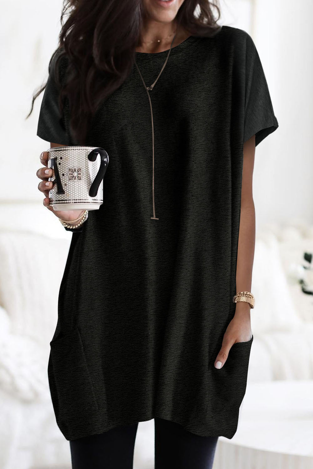 Black Side Pockets Short Sleeve Tunic Top