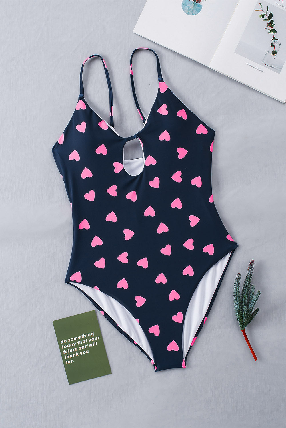 Black Sweet Heart Print Cut out Backless One-piece Swimwearmsuit