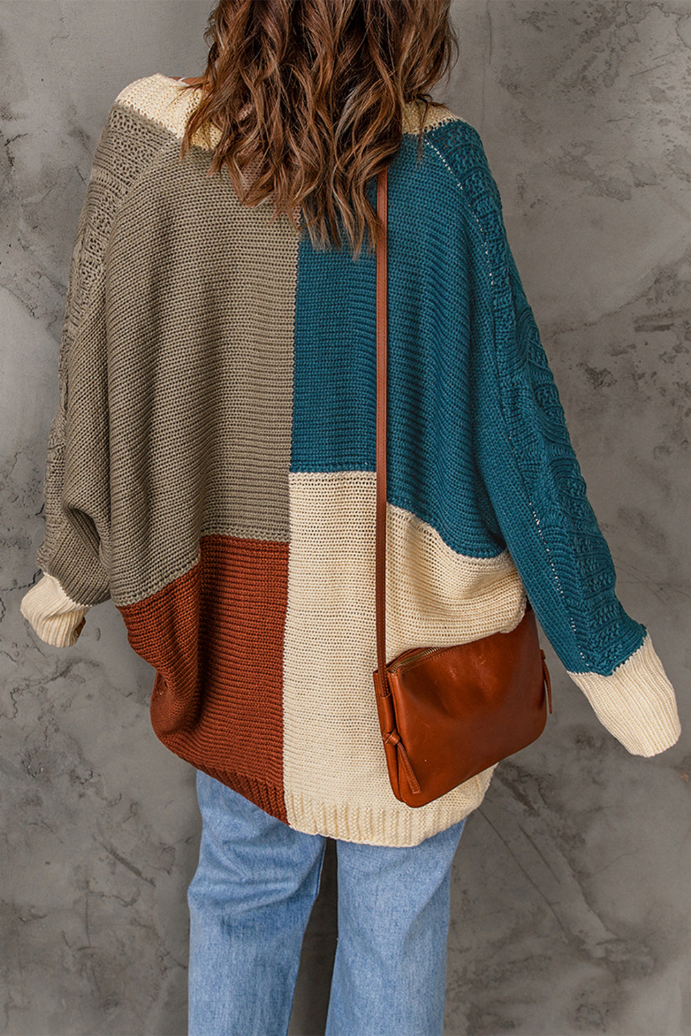 Brown Color Block Loose Open Front Knitted Cardigan