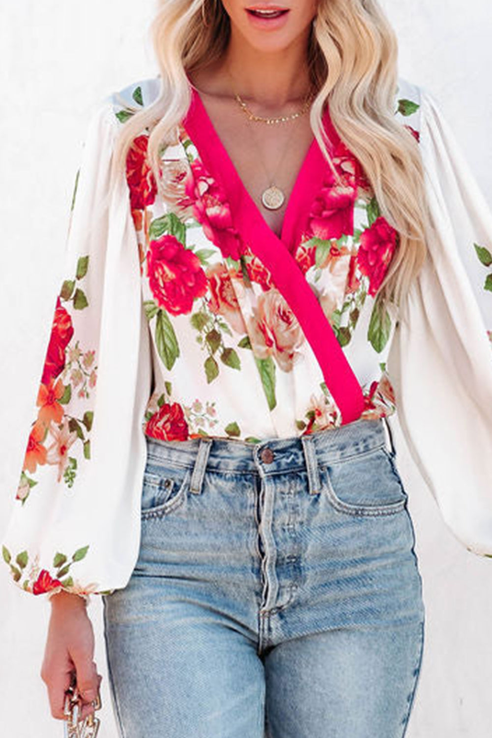 Rose Floral Print V Neck Wrap Bodysuit