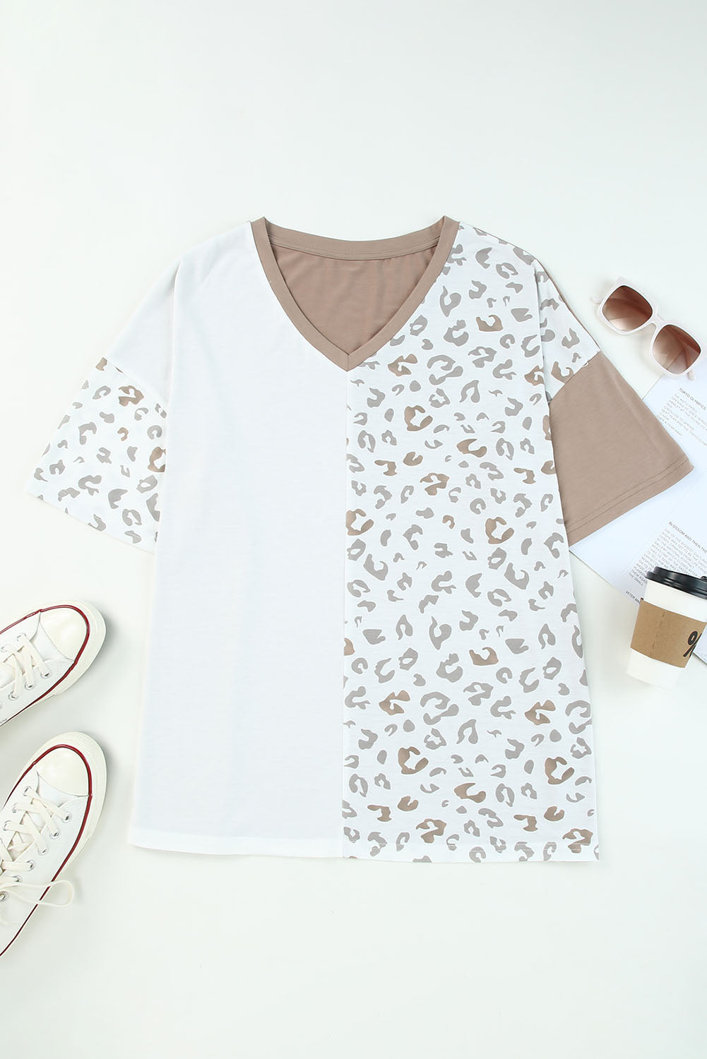 White Plus Size Leopard Patchwork Short Sleeve Top