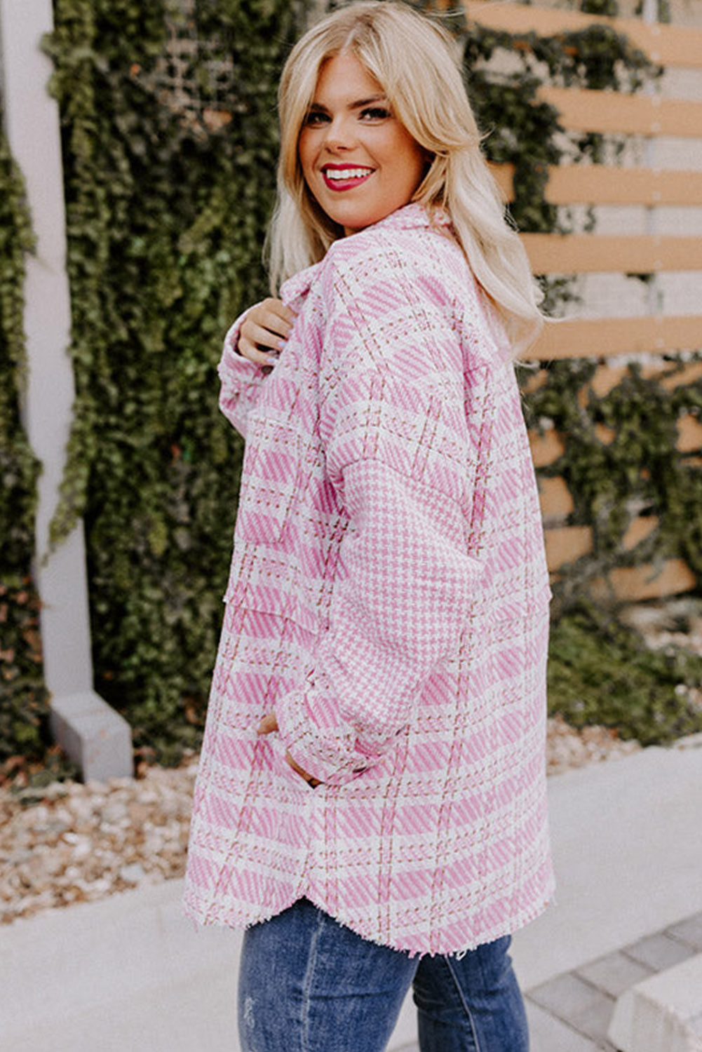 Pink Plus Size Tweed Plaid Houndstooth Print Jacket