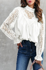 White Mock Neck Lace Splicing Long Sleeve Blouse