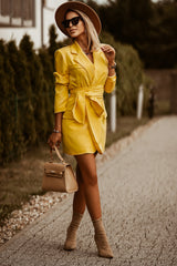 Yellow Long Sleeve Belted Blazer Dress