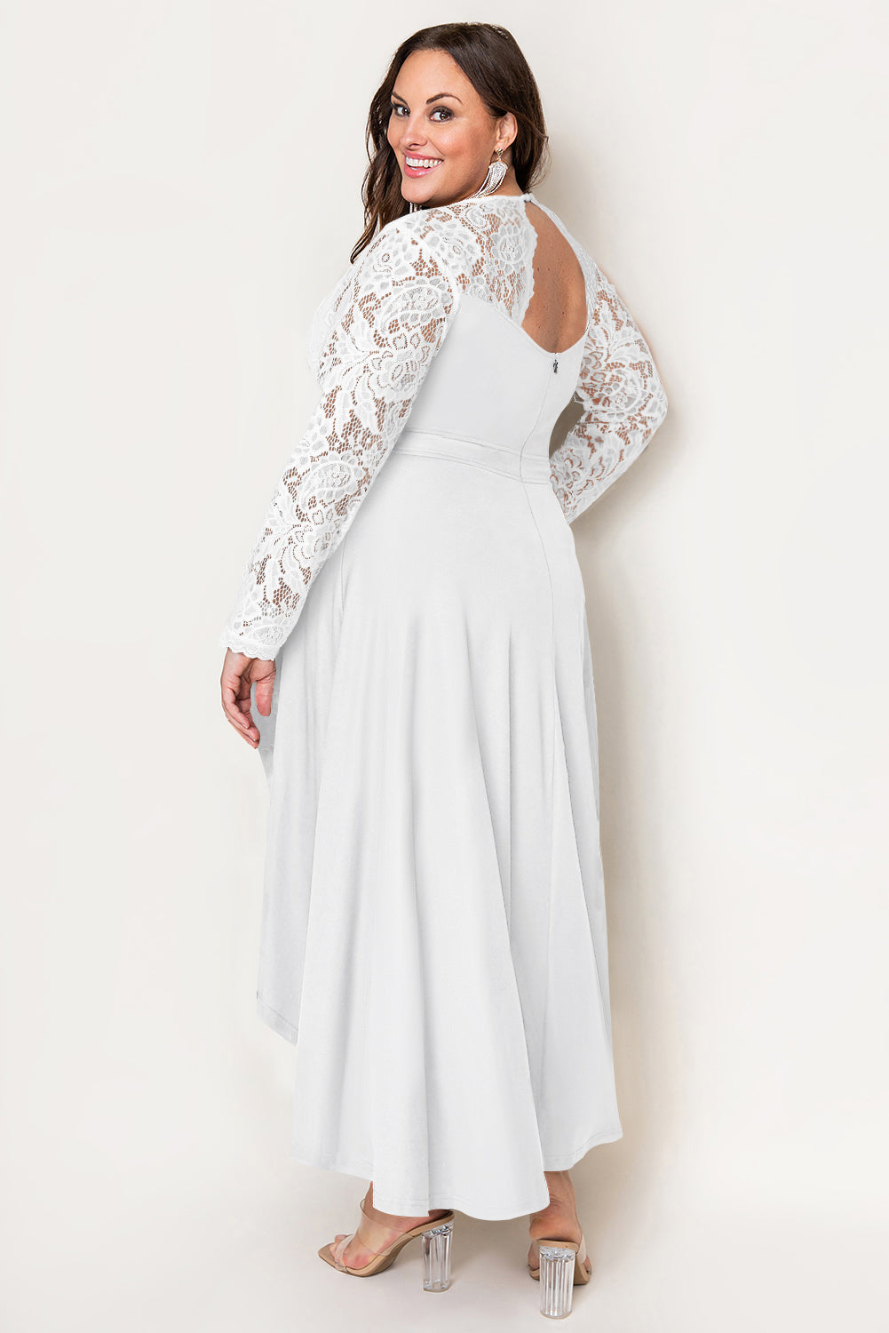 White Plus Size High-Low Lace Contrast Evening Dress