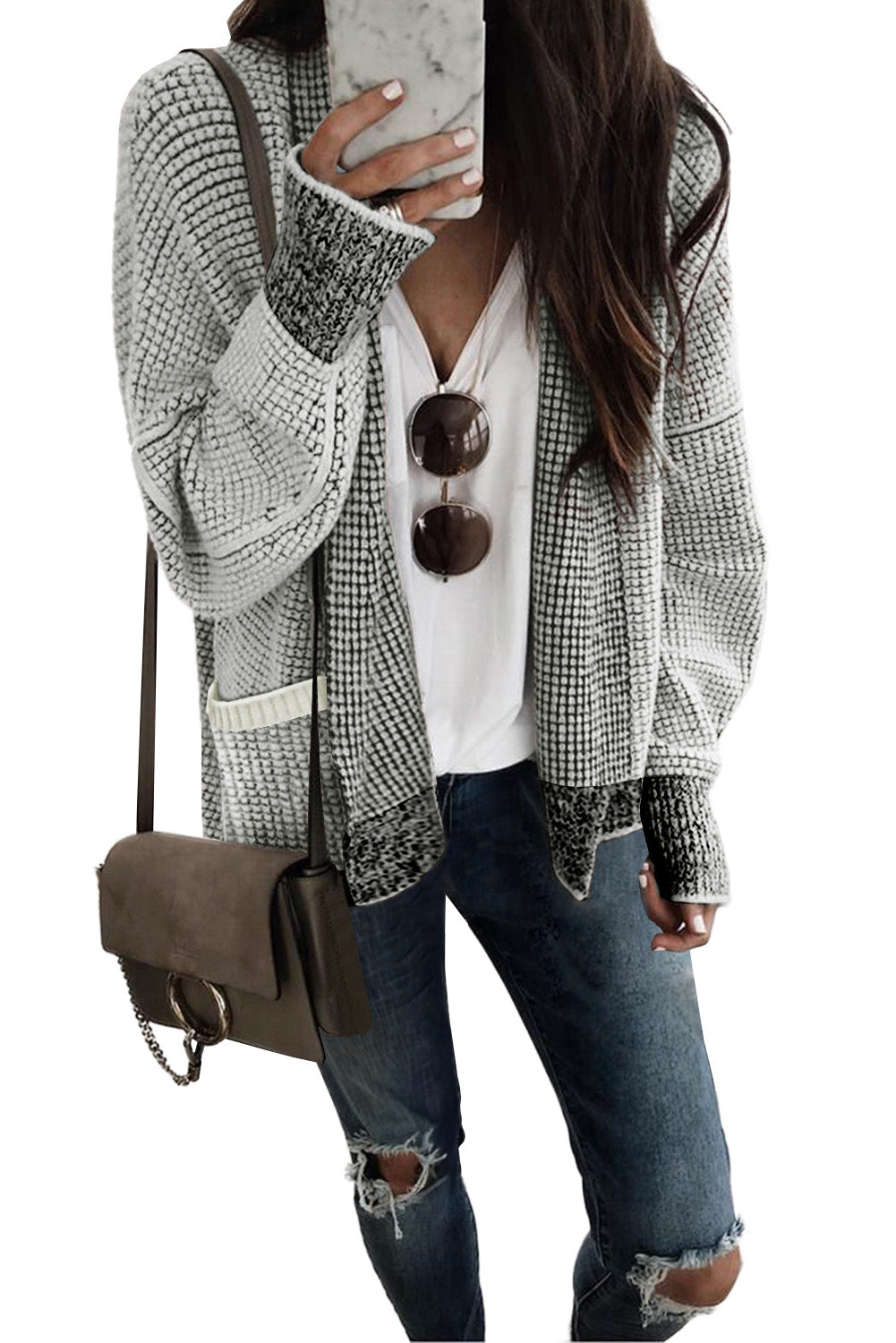 Gray Chunky Amicg Knit Oversized Collar Cardigan