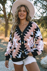 Pink Oversized Aztec Buttons Front Cardigan