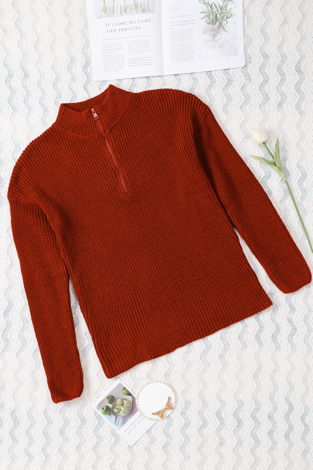 Red Zipped Turtleneck Drop Shoulder Knit Sweater