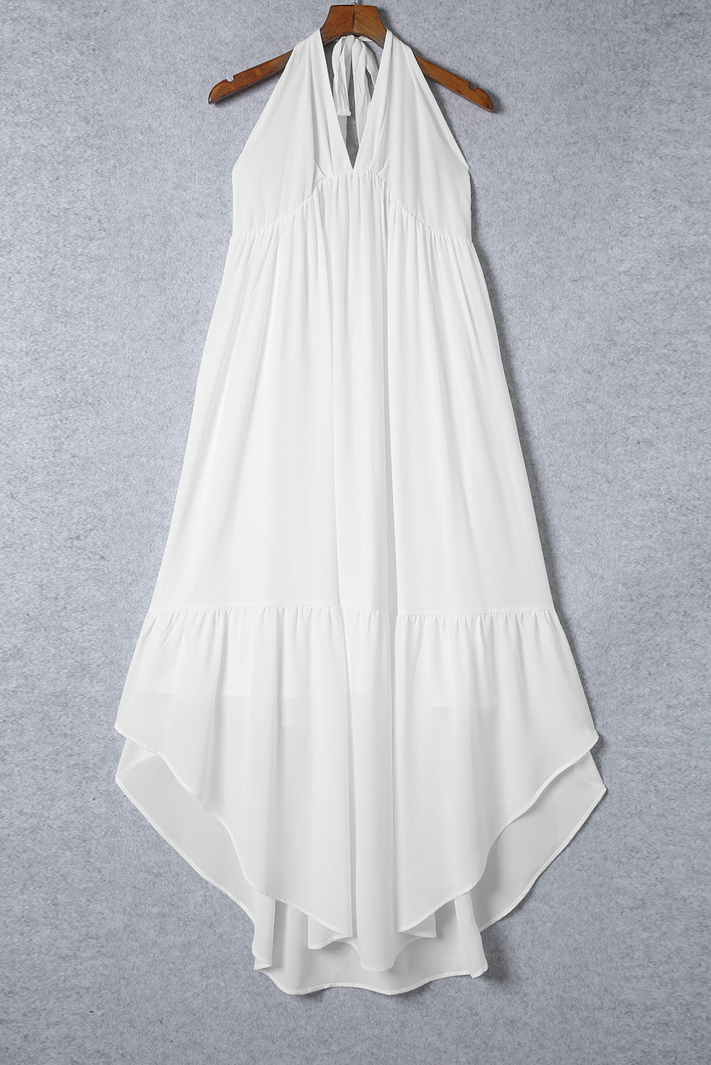 White Halter Neck Deep V Backless Asymmetric Maxi Dress