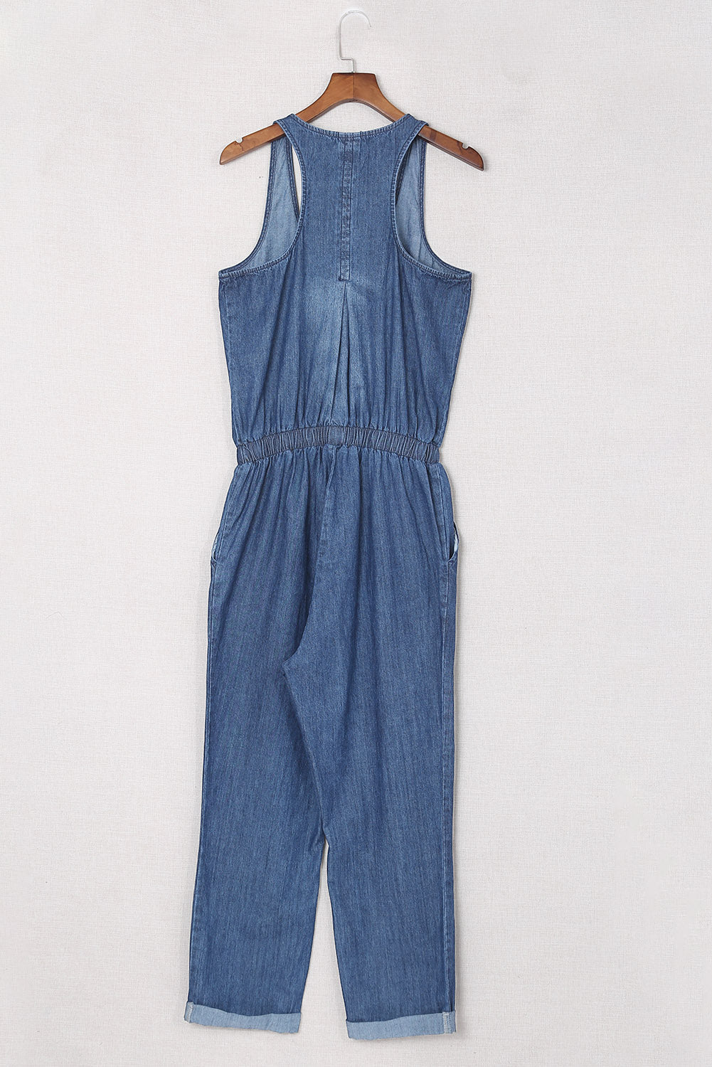 Blue High Waist Buttons Sleeveless Denim Romper