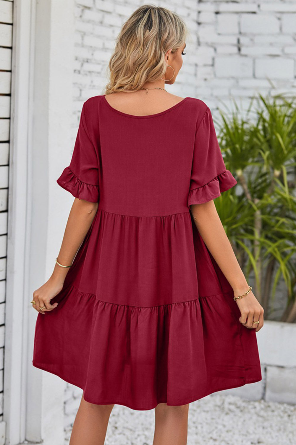 Red V Neck Ruffle Short Sleeve Flared Midi Dress