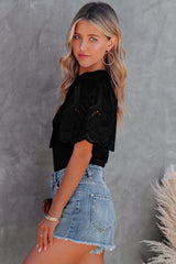 Black Scalloped Eyelet Sleeve Ribbed Knit Top