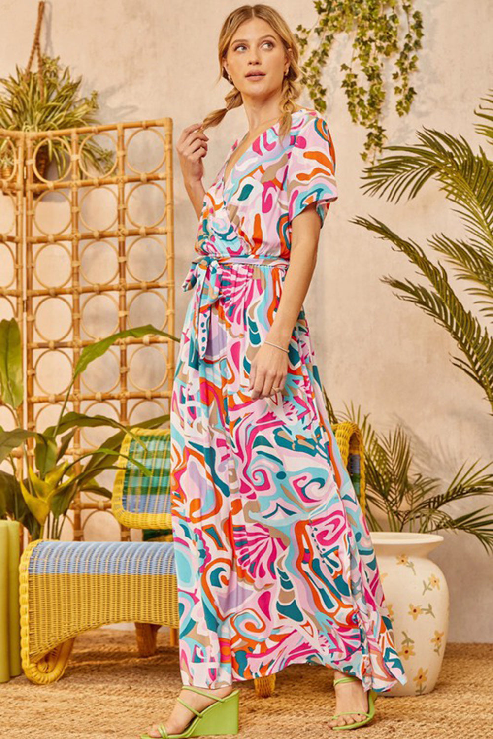 Multicolor Abstract Printed Wrap V Neck Belted Maxi Dress